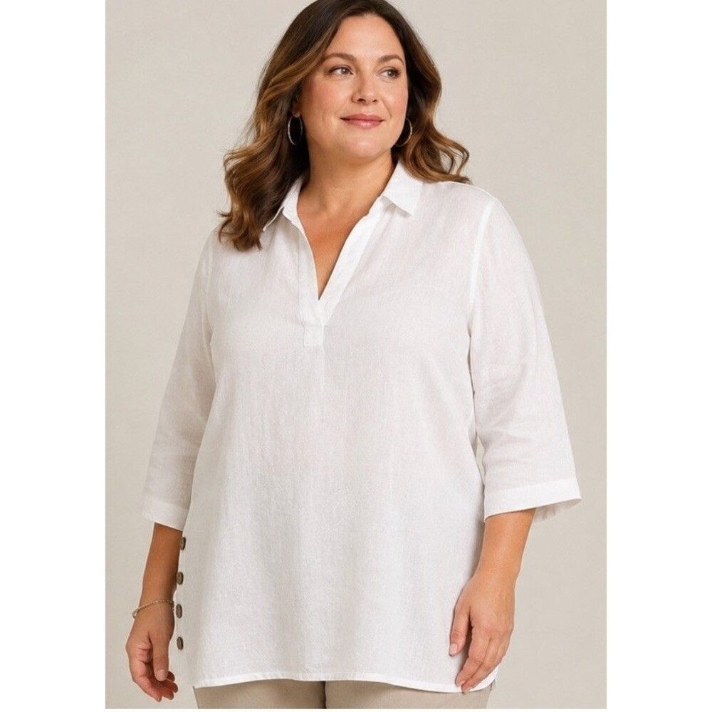 TAHARI White 100% Linen Collared 3/4 Sleeve Side Buttons Top Shirt Size 1X